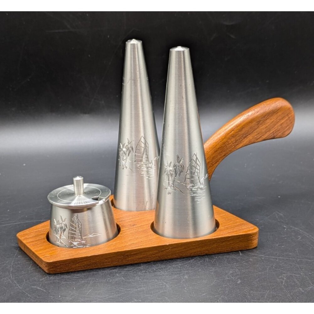 Vtg Selangor Pewter Salt and Pepper Shakers With Condiment Jar Wood Caddy MCM